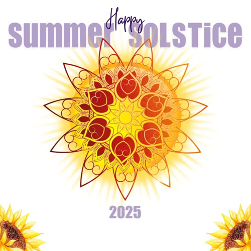 Instagram Post - A stylized sun design with intricate patterns in the center, surrounded by the text "Happy Summer Solstice" at the top and "2025" at the bottom, with sunflower elements at the corners.