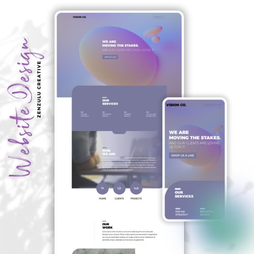 Instagram Post - A website design mockup featuring a desktop and mobile view with a purple gradient background, text blocks, and circular graphic elements. The layout includes a header, navigation menu, and content sections.