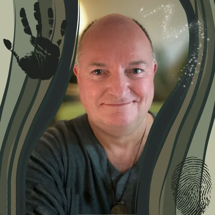me smiling at the camera, surrounded by abstract wavy lines, a handprint, and a fingerprint design.